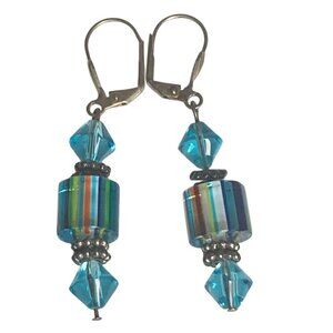 Blue Striped Glass Bead Crystal Drop Earrings Silver Tone Accents Artsy Boho